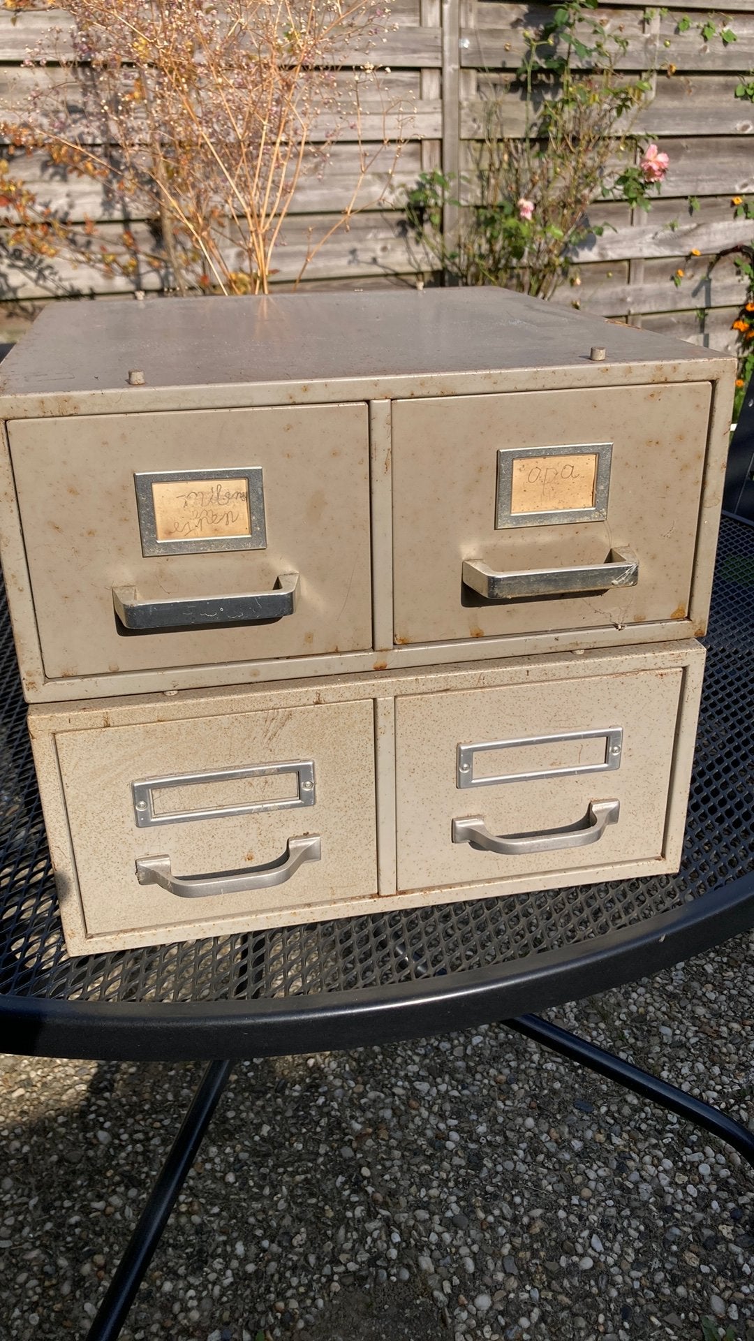 2 Vintage metalen archiefkastjes met 2 lades (kaartenbak), Ophalen, Minder dan 50 cm, Gebruikt, Vintage, brocante, industrieel