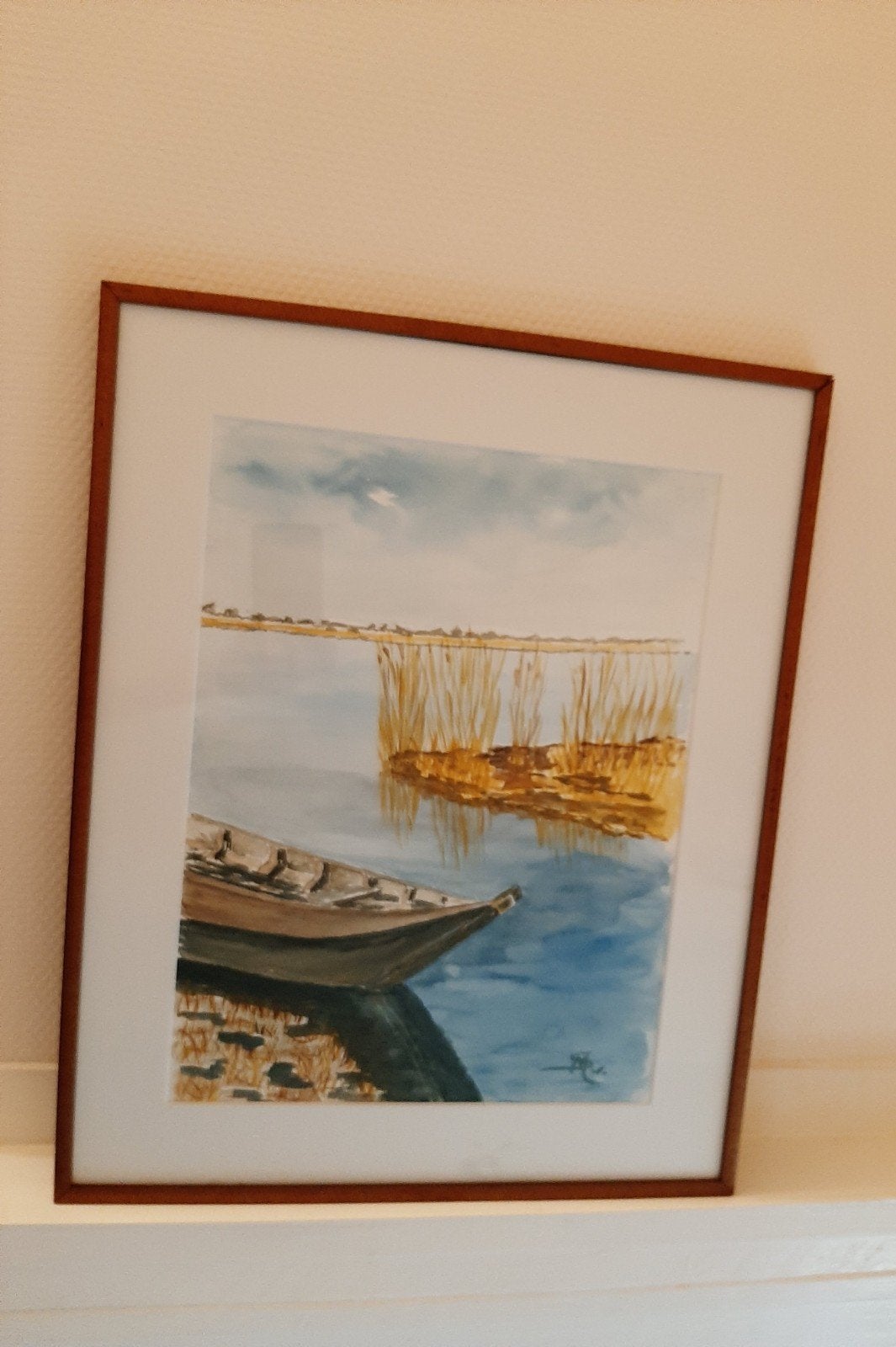 Ingelijste aquarel water met bootje, Antiek en Kunst, Ophalen of Verzenden