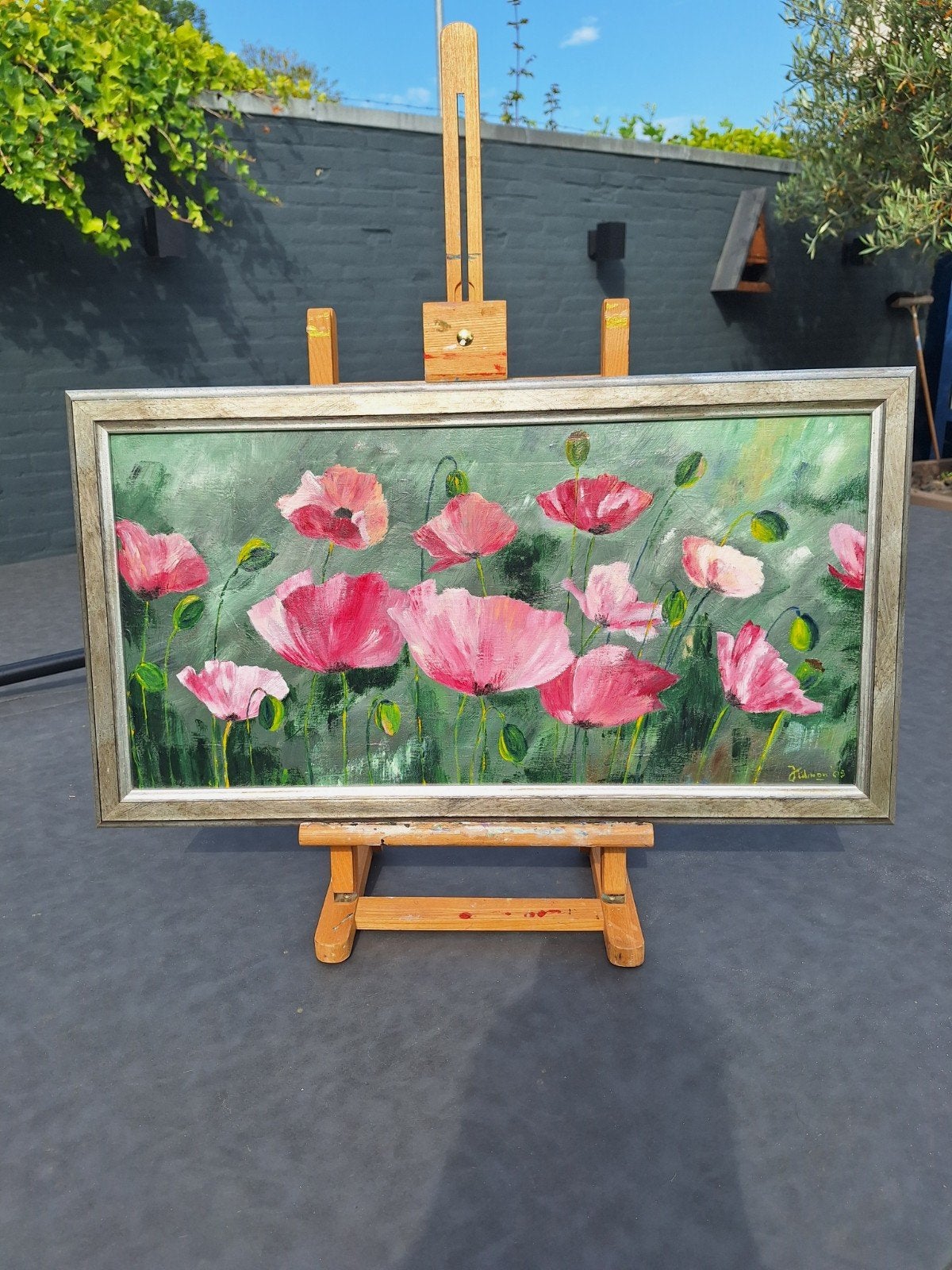 Schilderij met roze klaprozen, gesigneerd en ingelijst, Bloemen, Doek, Realistisch, Ophalen of Verzenden