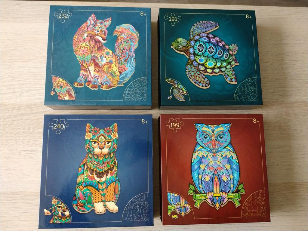 Vier nieuwe Premium houten puzzels vos, kat, schildpad, uil, Ophalen of Verzenden, Minder dan 500 stukjes, Nieuw, Legpuzzel