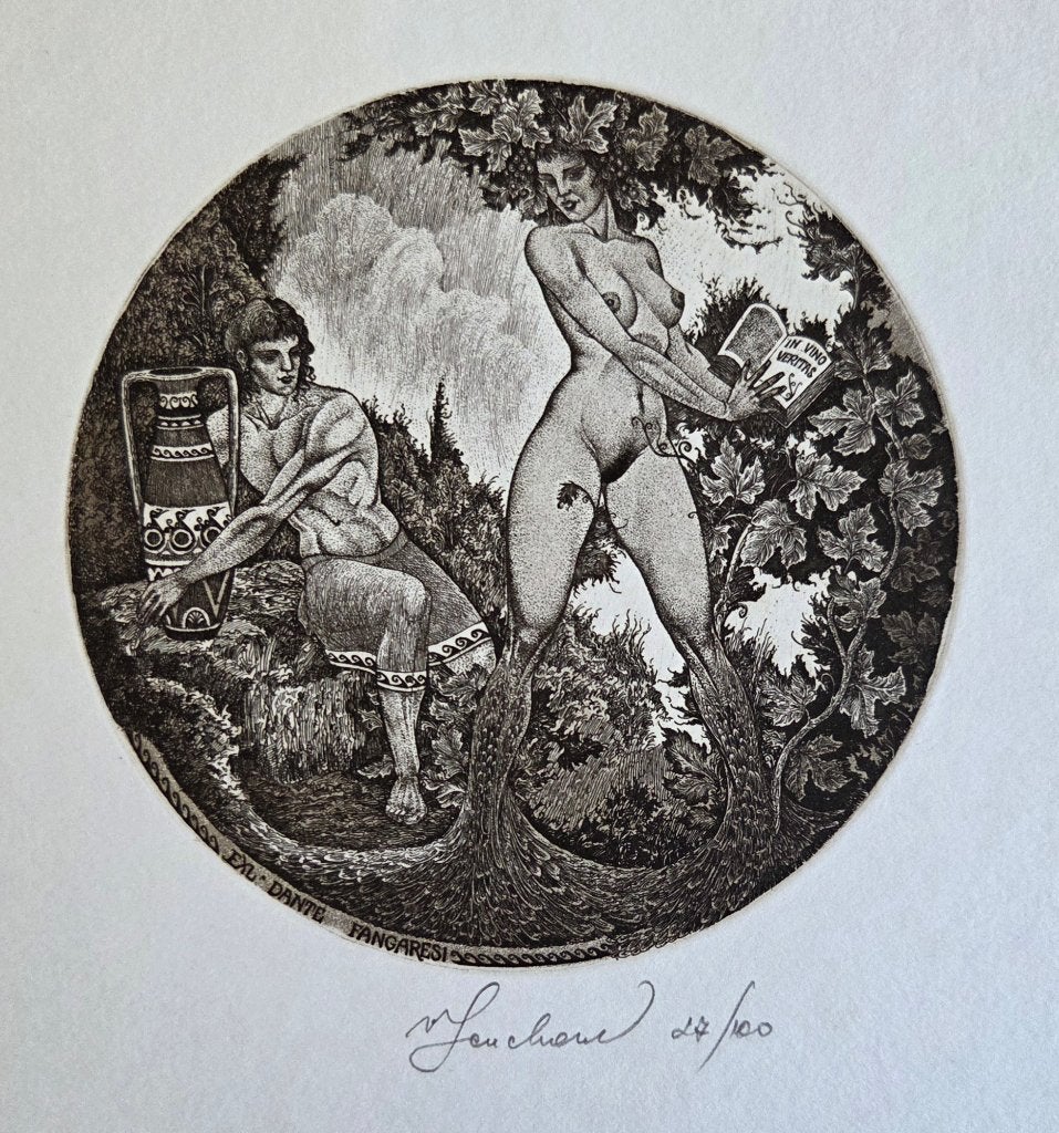 Exlibris /Ex libris V Fenchak, mythologie, Bacchus en Daphne, Antiek en Kunst, Verzenden, Blanco verso