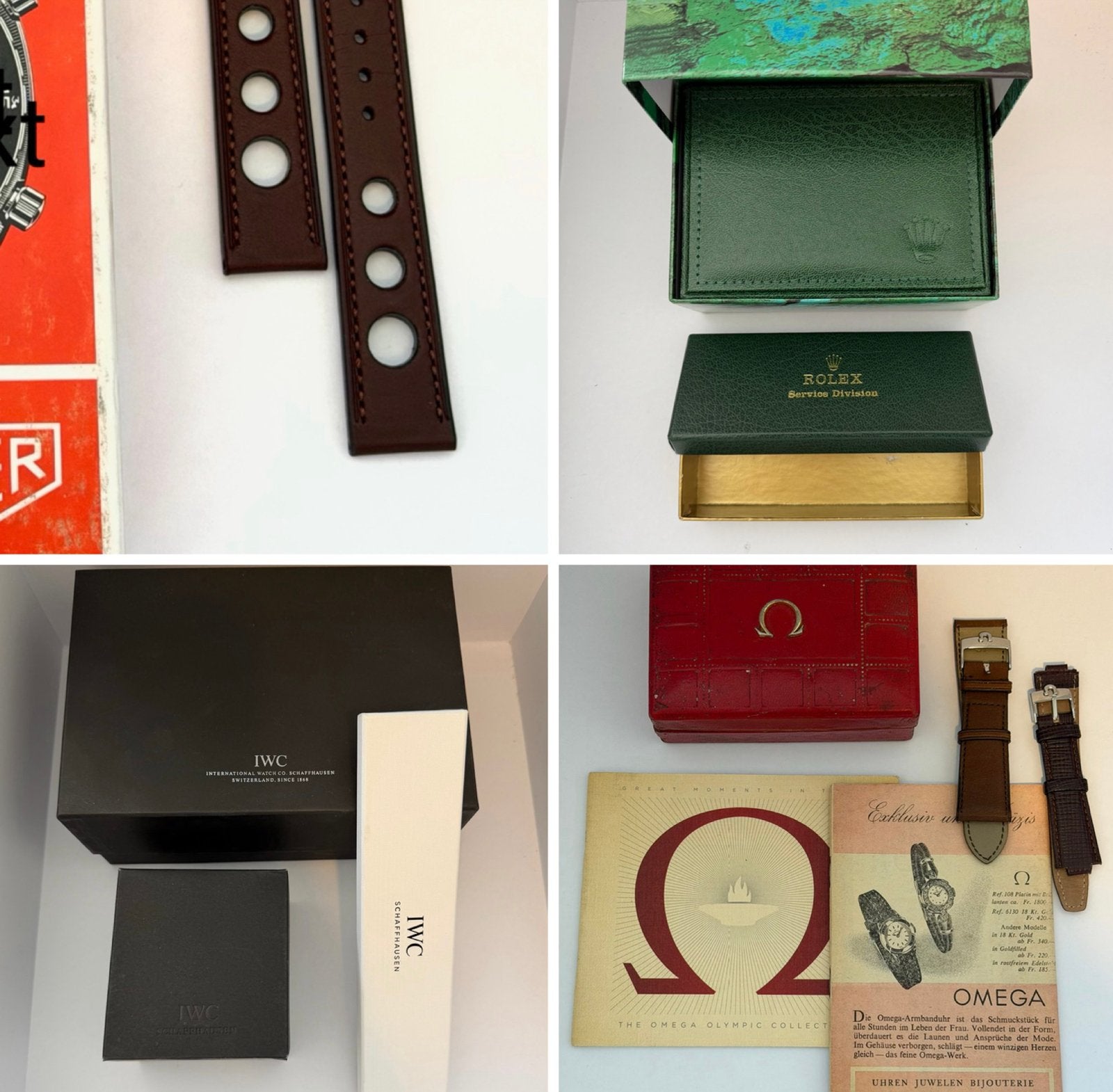 Collection of Rolex, Omega, IWC & Heuer boxes and straps, Sieraden, Tassen en Uiterlijk, Overige materialen, Leer, Rolex, Polshorloge