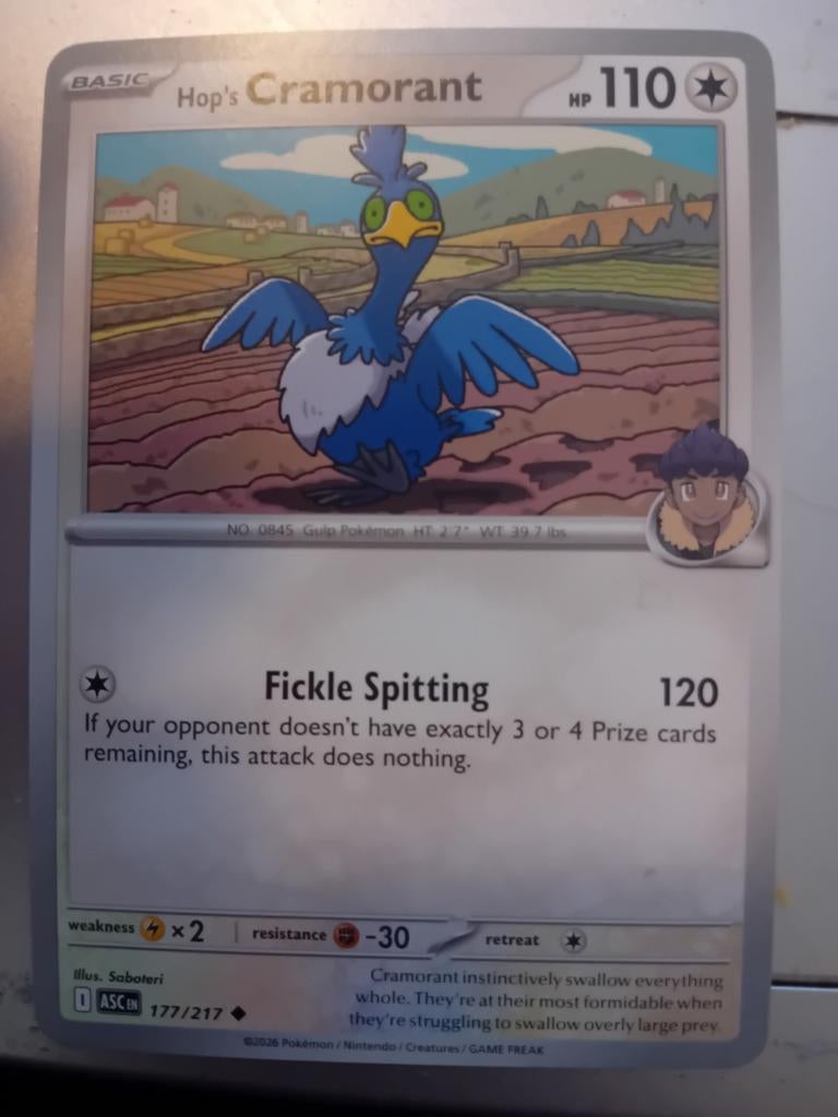 Hop's Cramorant Pokémon Kaart 177/217 ASC, Ophalen of Verzenden, Zo goed als nieuw, Losse kaart, Foil