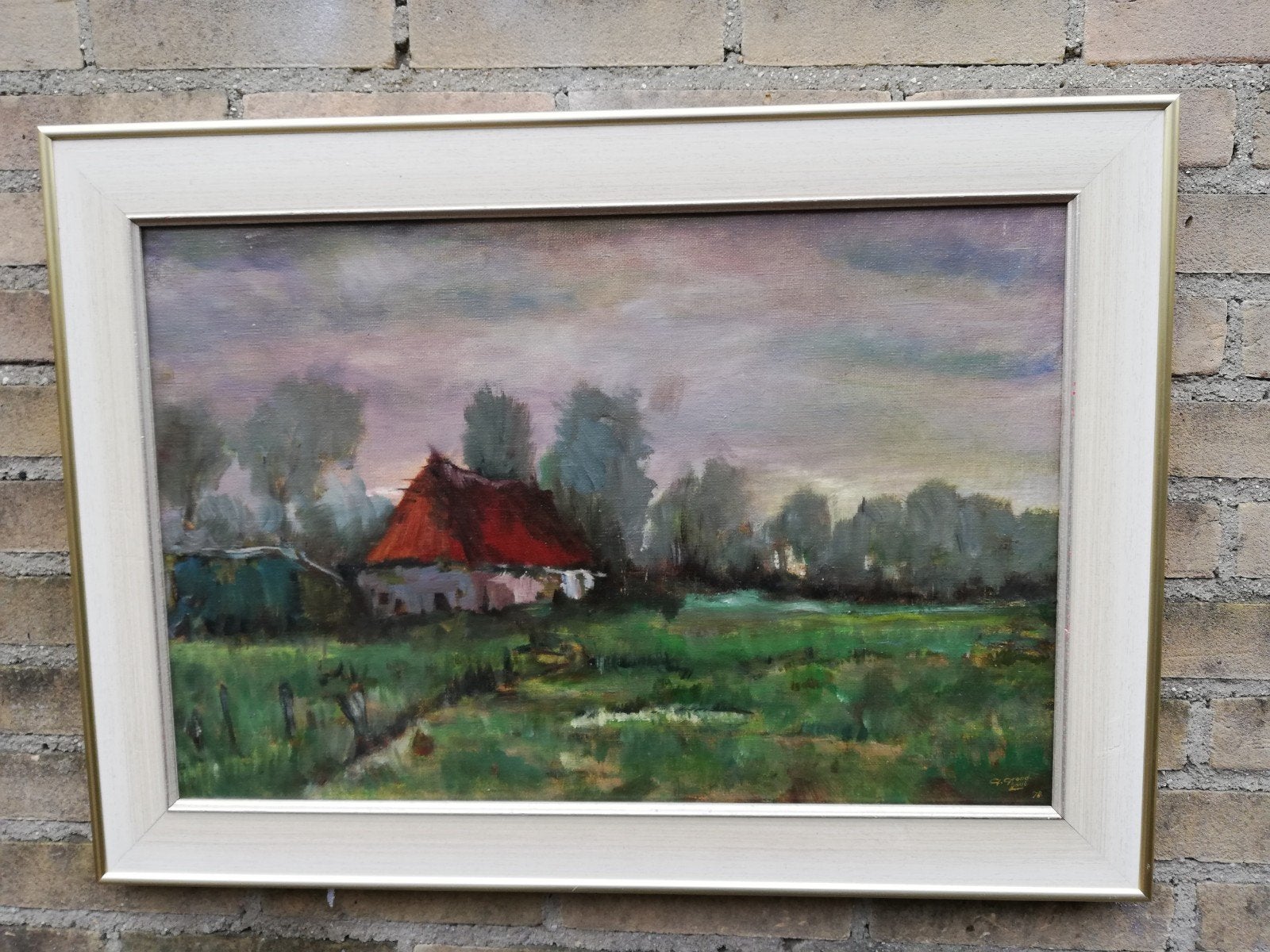 Zicht op boerderij. Impres. Leerling Th.v.Oorschot., Antiek en Kunst, Kunst | Schilderijen | Klassiek, Ophalen