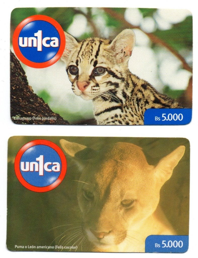 Venezuela, 2 prepaid kaarten, poema en ocelot, Verzamelen, Ophalen of Verzenden, Buitenland