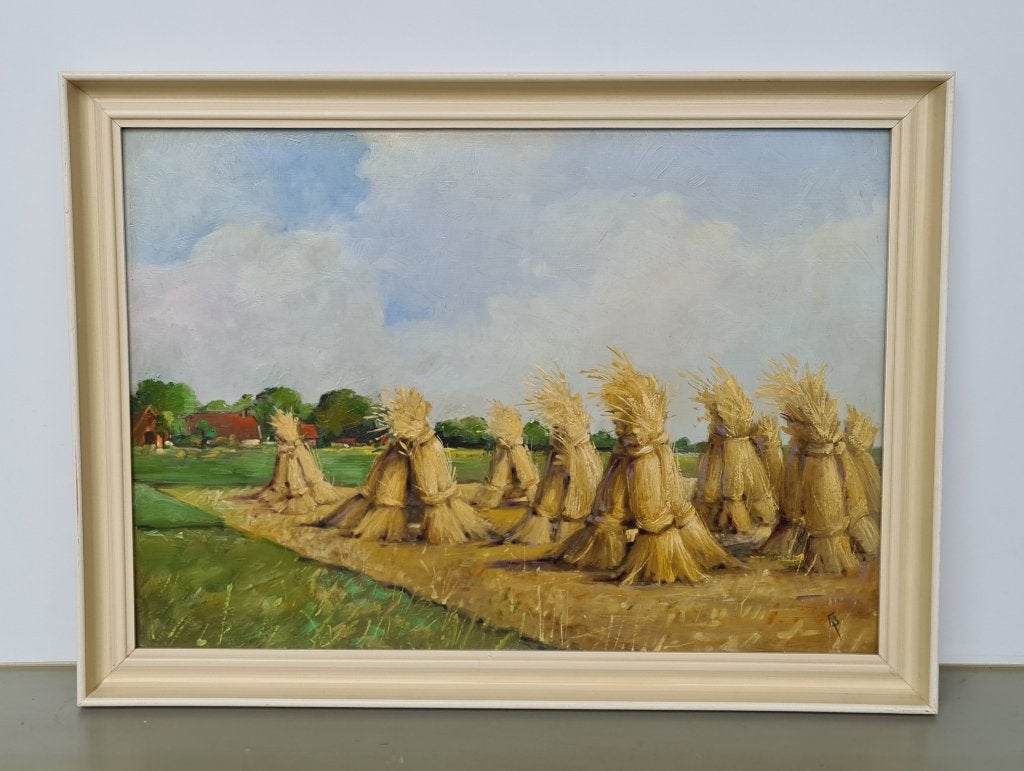 schilderij met korenschoven monogram FB gesigneerd 42x58cm, Doek, Oud hollands, Ophalen of Verzenden, Landschap