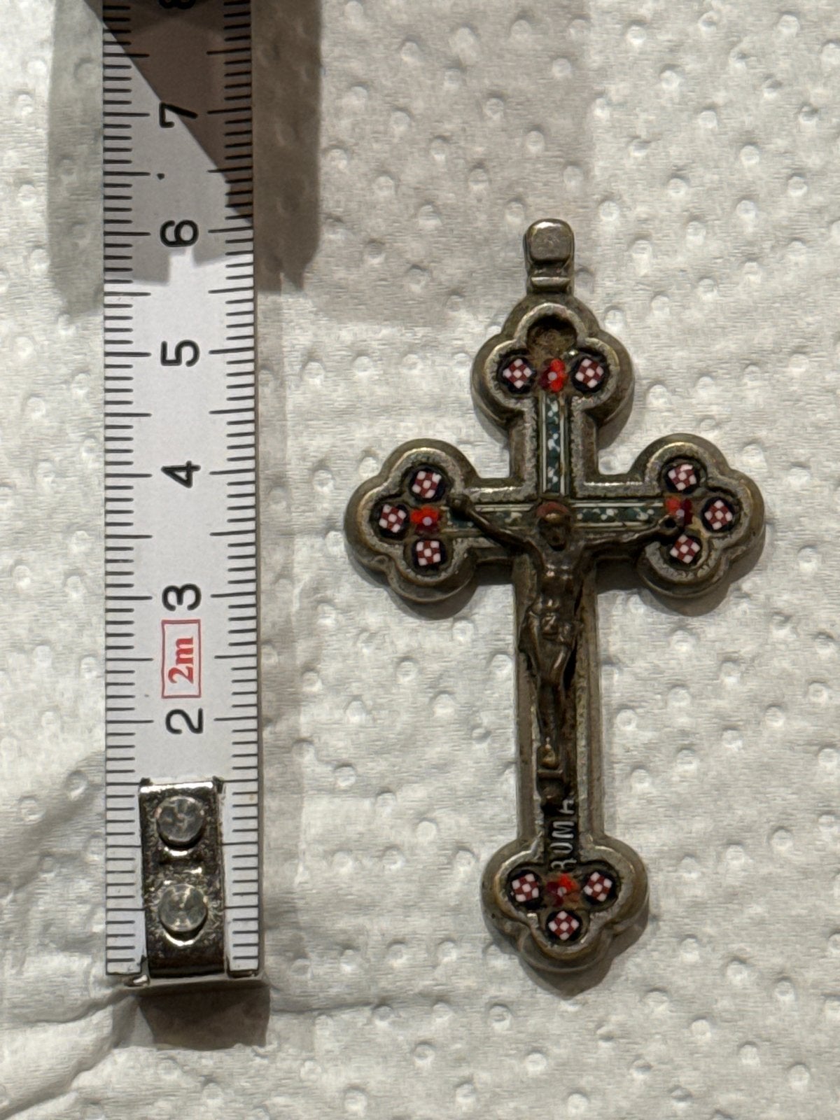 Antiek Kruisbeeld met Corpus en Emaille Decoratie, Ophalen of Verzenden