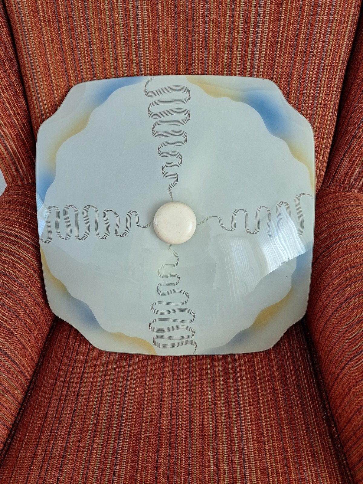 vintage plafondlamp van glas, blauw,okergeel,melkwit ., Ophalen, Gebruikt, Vintage, Overige fittingen