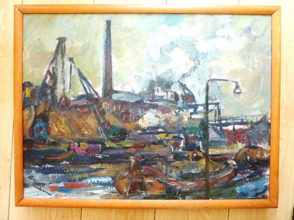 Schilderij v. Arie Zuidersma  Fries-Groningese suikerfabriek, Antiek en Kunst, Ophalen, Olieverf, Stads- / dorpsgezicht