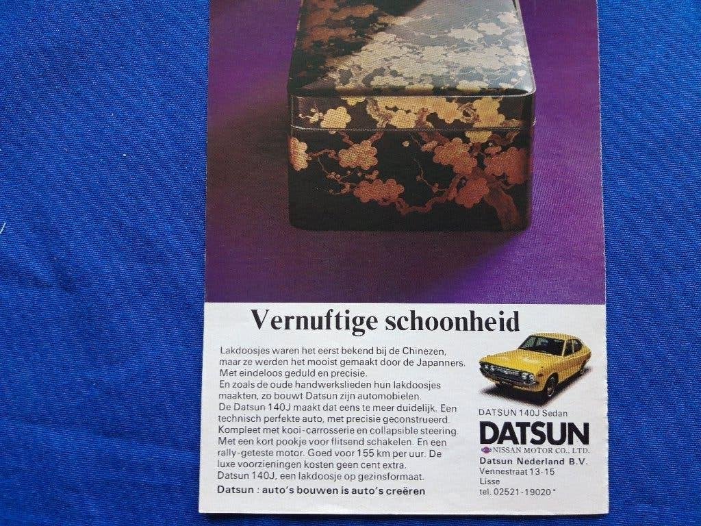 Datsun 140 J sedan - orginele advertentie "schoonheid ', Verzamelen, Ophalen of Verzenden, Zo goed als nieuw, Auto's