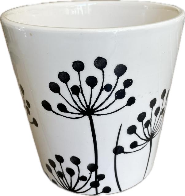 Witte bloempot Flowerpot Zwart motief plant. Villa Pottery., Ophalen, Rond, Aardewerk, Binnen