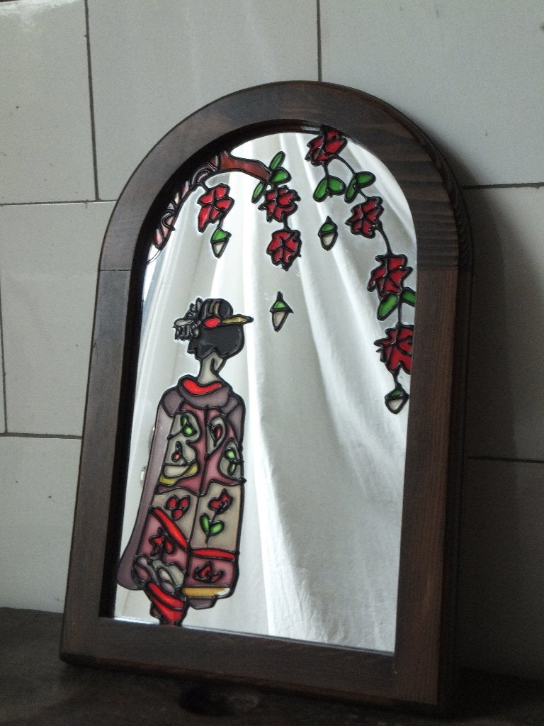oud spiegel hout lijst bloesem geisha japan vintage interpur, Ophalen, Overige vormen, Minder dan 50 cm