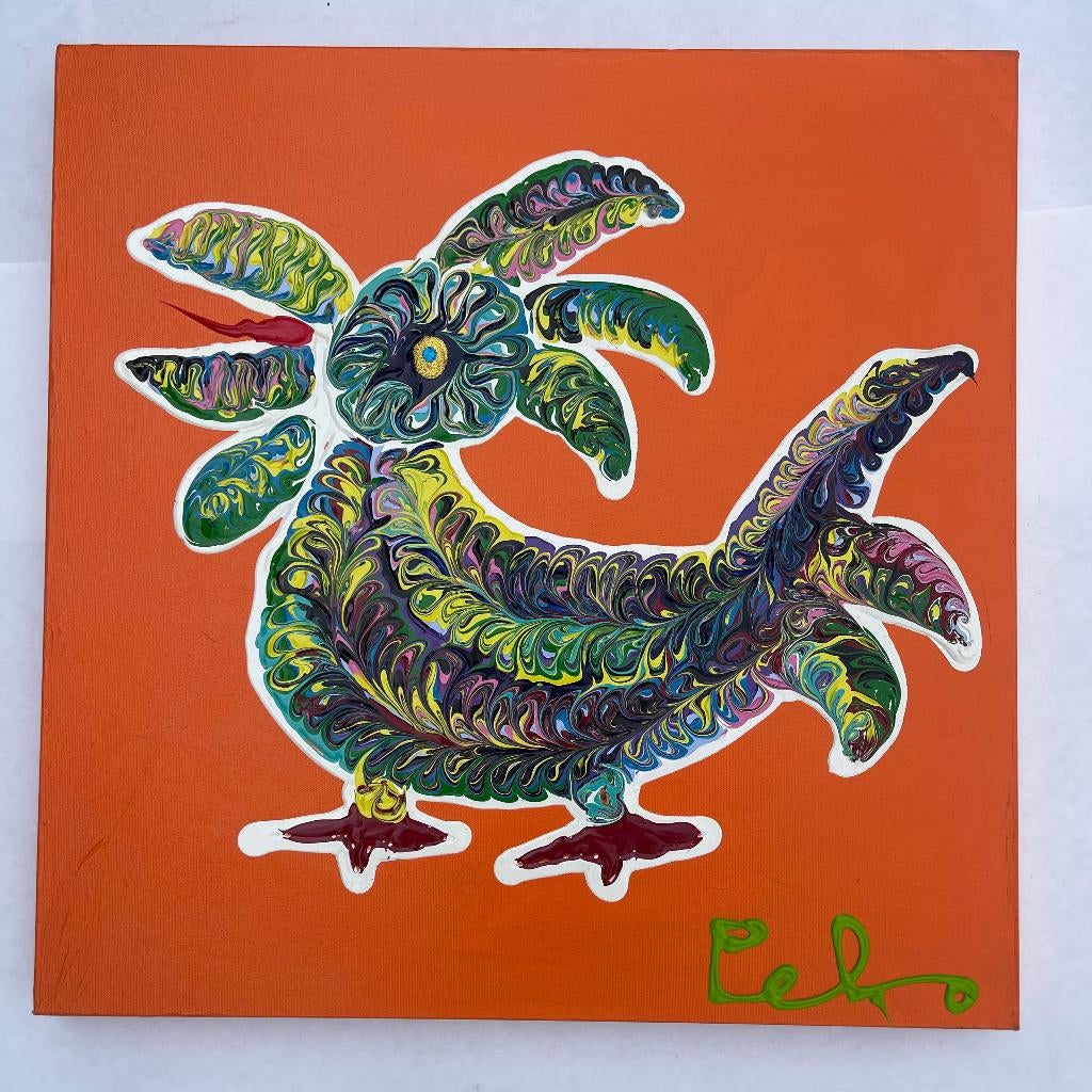 Schilderij Peko - Witte Haan op Oranje Abstract 60x60cm, Ophalen of Verzenden