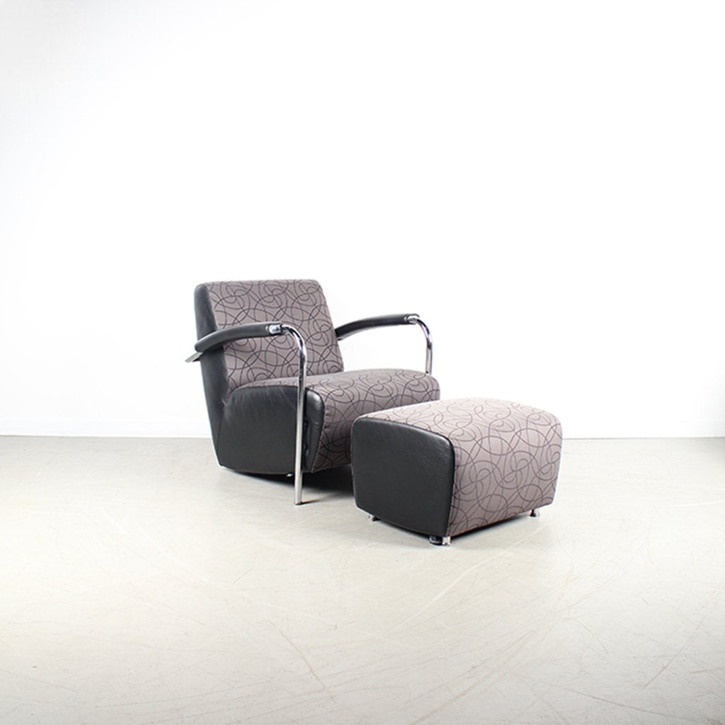 1x Leolux Scylla Fauteuil Laag Grijs Rondjesmotief+ Hocker
