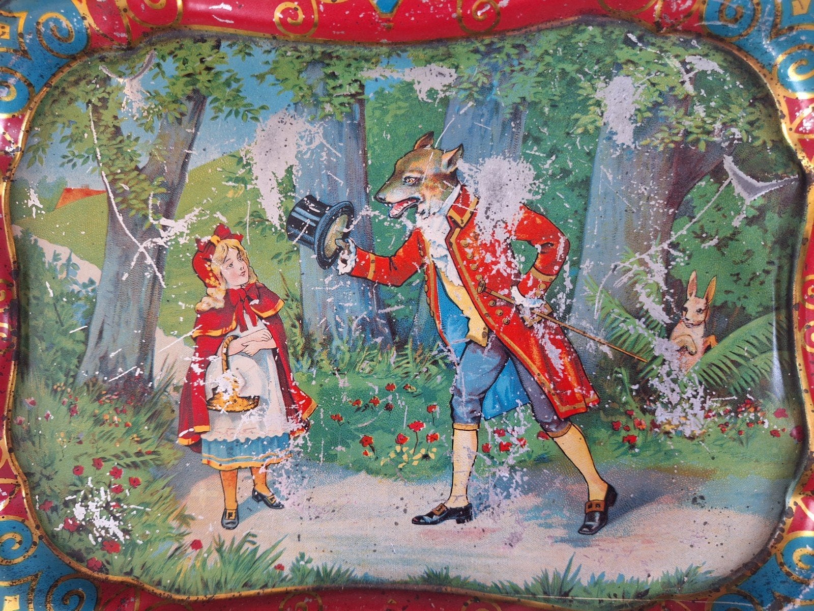 Antiek tinnen dienbladje met Roodkapje en wolf uit circa., Antiek en Kunst, Ophalen of Verzenden