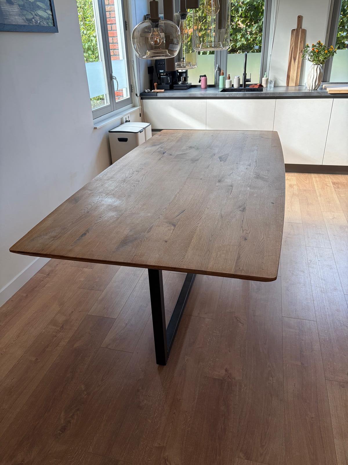 Morderne eettafel met eiken blad, Huis en Inrichting, Ophalen, 100 tot 150 cm, Eikenhout, 200 cm of meer