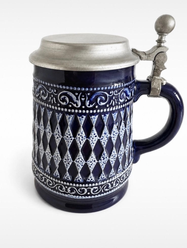 Vintage Duitse Bierpul met Tin Deksel - Kobaltblauw, Antiek en Kunst, Antiek | Keramiek en Aardewerk, Ophalen of Verzenden