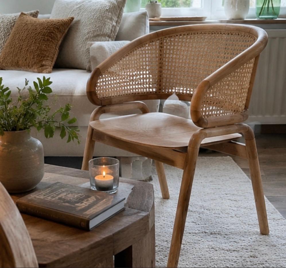 Set van 2 Teakhouten Stoelen met Rotan Rugleuning, Huis en Inrichting, Stoelen, Gebruikt, Twee, Bruin, Ophalen of Verzenden