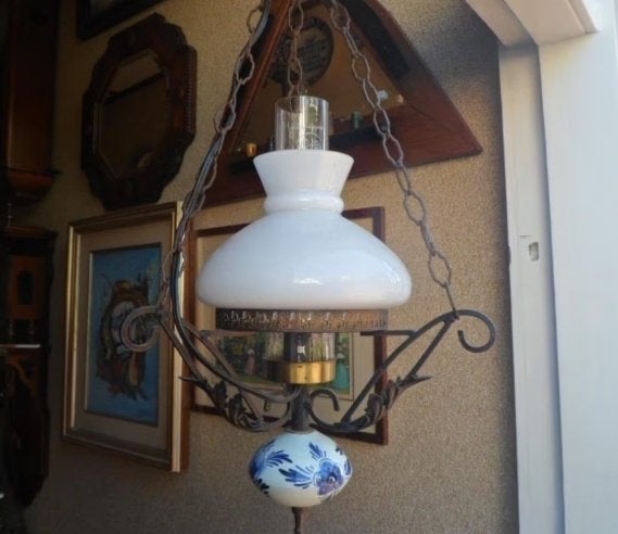 Vintage hanglamp smeedijzer Delfts blauw hallamp plafondlamp, Antiek en Kunst, Ophalen of Verzenden