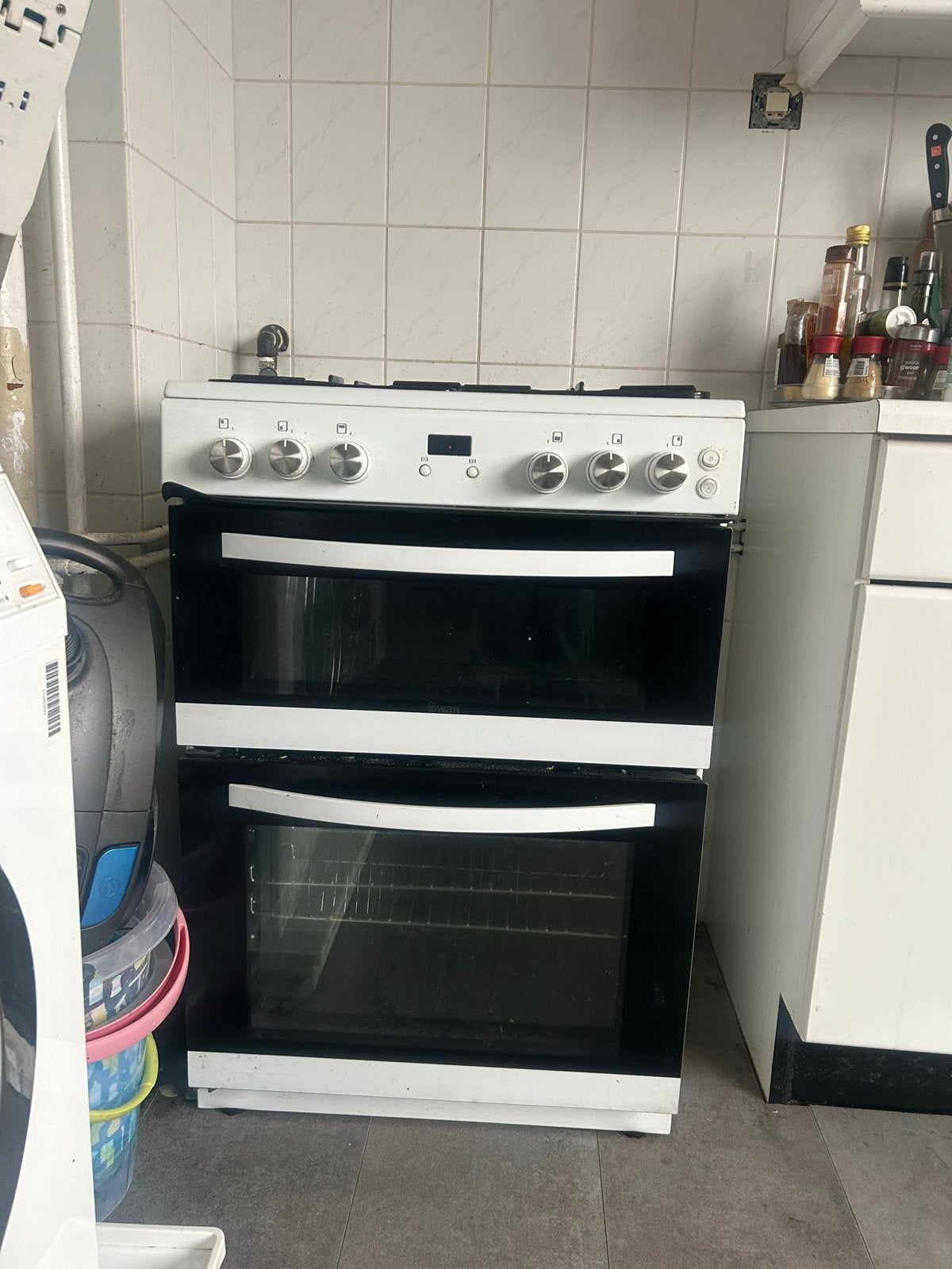Gasfornuis met dubbele oven, wit, vrijstaand, Ophalen, Gebruikt, 60 cm of meer, 4 kookzones