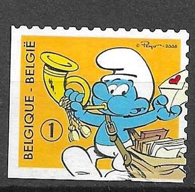 Smurf postzegel België 2008 - Postbode Smurf, Postzegels en Munten, Met stempel, Frankeerzegel, Ophalen of Verzenden, Gestempeld