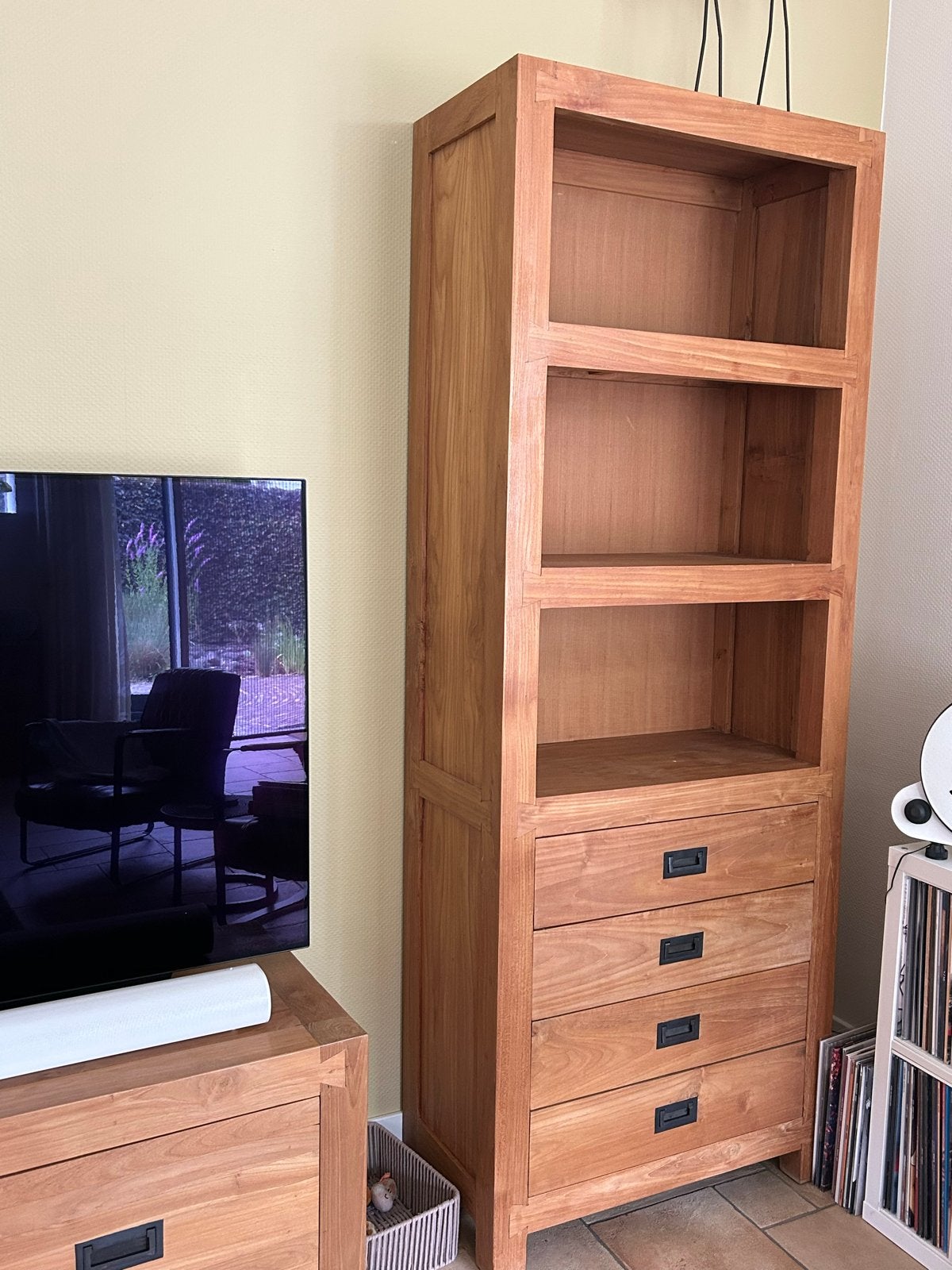 Massief Teakhouten Boekenkast met Lades, Ophalen, Minder dan 50 cm, Gebruikt, 200 cm of meer