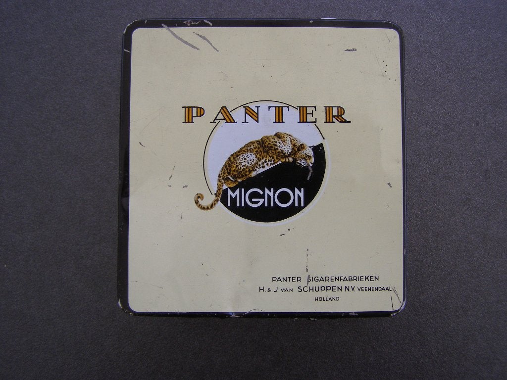 Vintage! Sigarenblikje PANTER MIGNON, vierkant, jaren ‘60, Ophalen of Verzenden, Gebruikt, Tabaksdoos of Verpakking