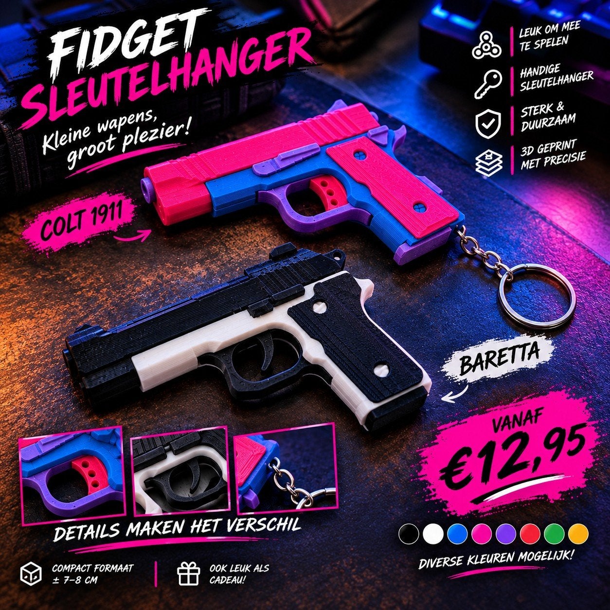Fidget Sleutelhanger Pistool - Colt 1911 & Baretta, Ophalen of Verzenden, Nieuw