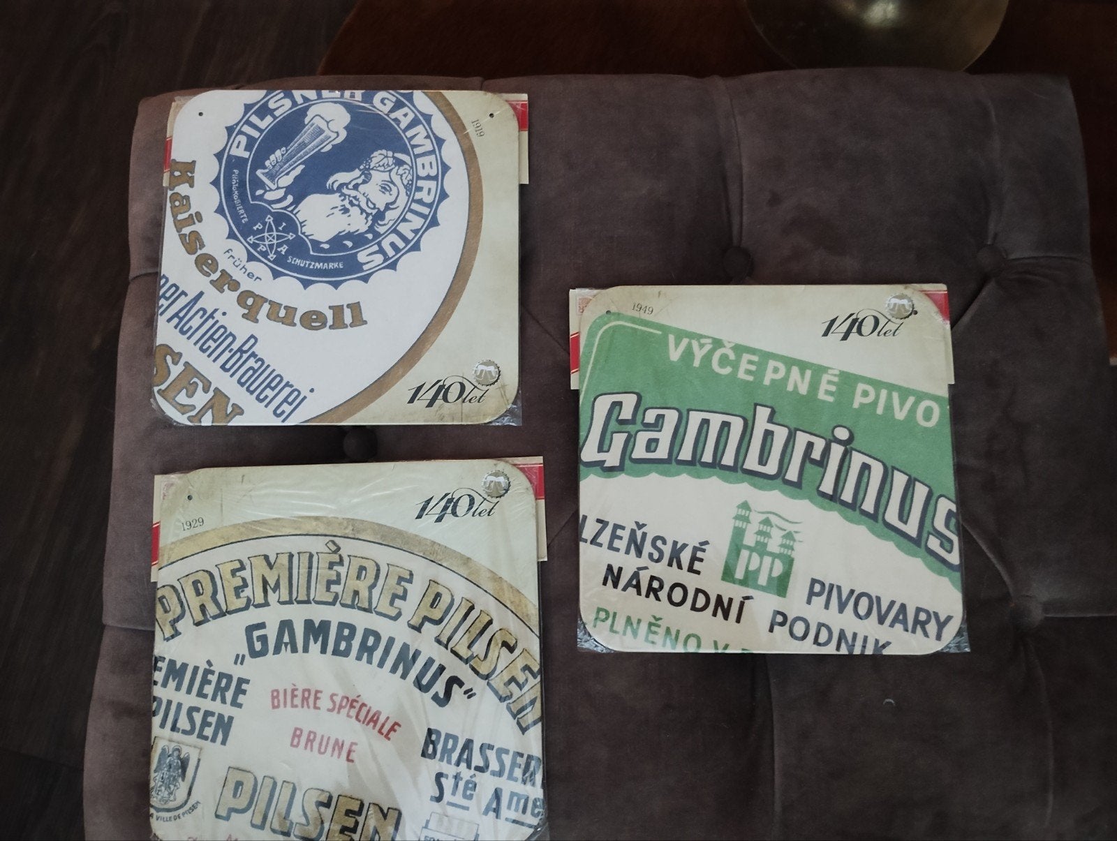 Vintage Gambrinus Bier metalen reclame borden- Set van 3, Verzamelen, Biermerken, Ophalen of Verzenden, Viltje(s), Overige merken
