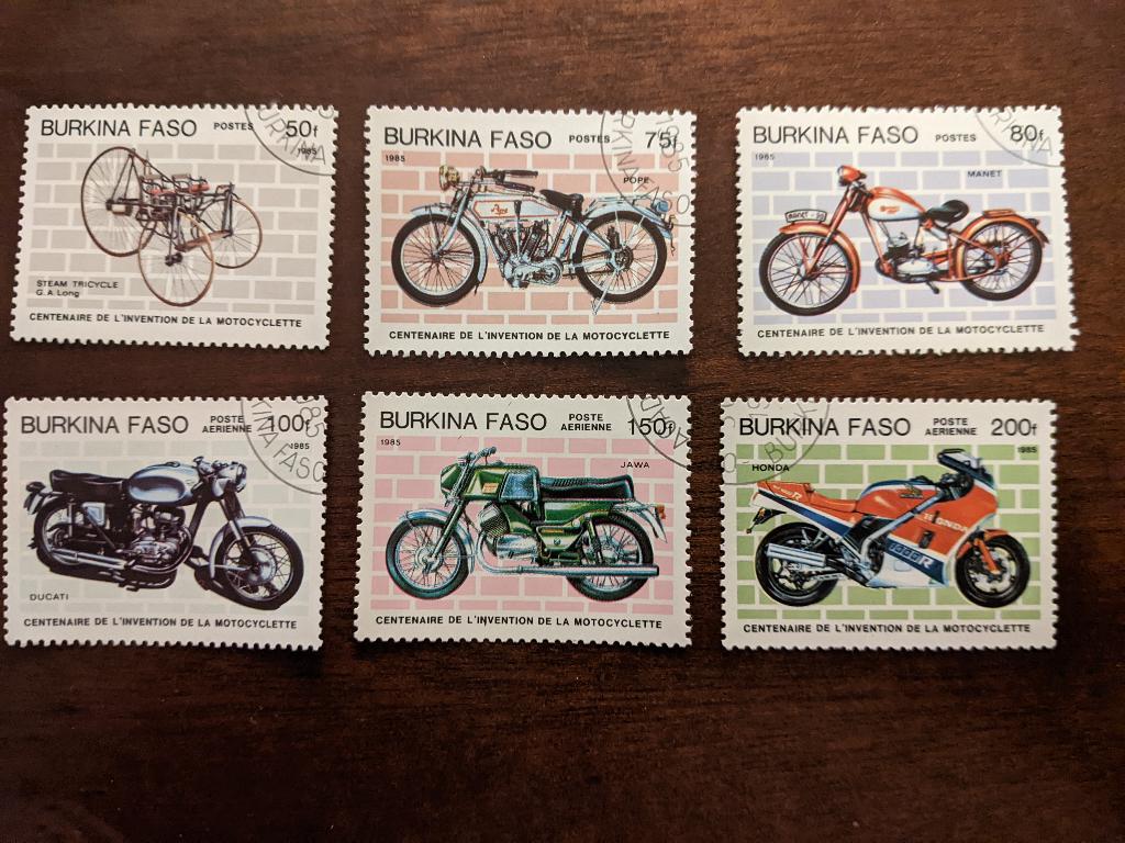 BURKINA FASO 1985; set  (6) MOTORFIETSEN, Verzenden, Gestempeld, Overige thema's
