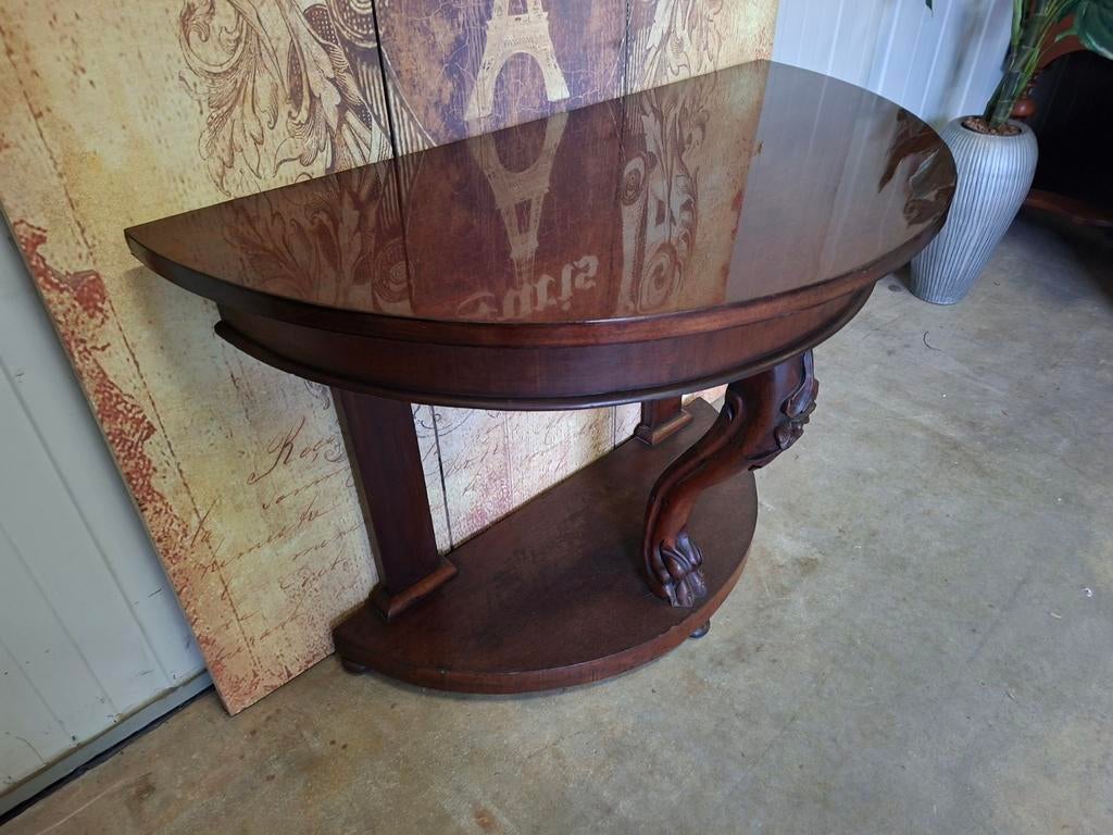 Antieke mahoniehouten demi-lune sidetable, wandtafel console, Huis en Inrichting, Tafels | Sidetables, Ophalen of Verzenden, Zo goed als nieuw