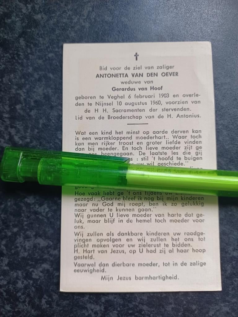 Bidprentje Veghel Nijnsel Antonetta vd Oever 1903 1960, Ophalen, Bidprentje