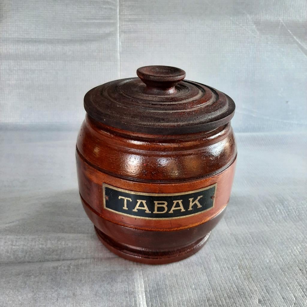 Vintage houten tabakspot met metalen plaatje, Antiek en Kunst, Ophalen