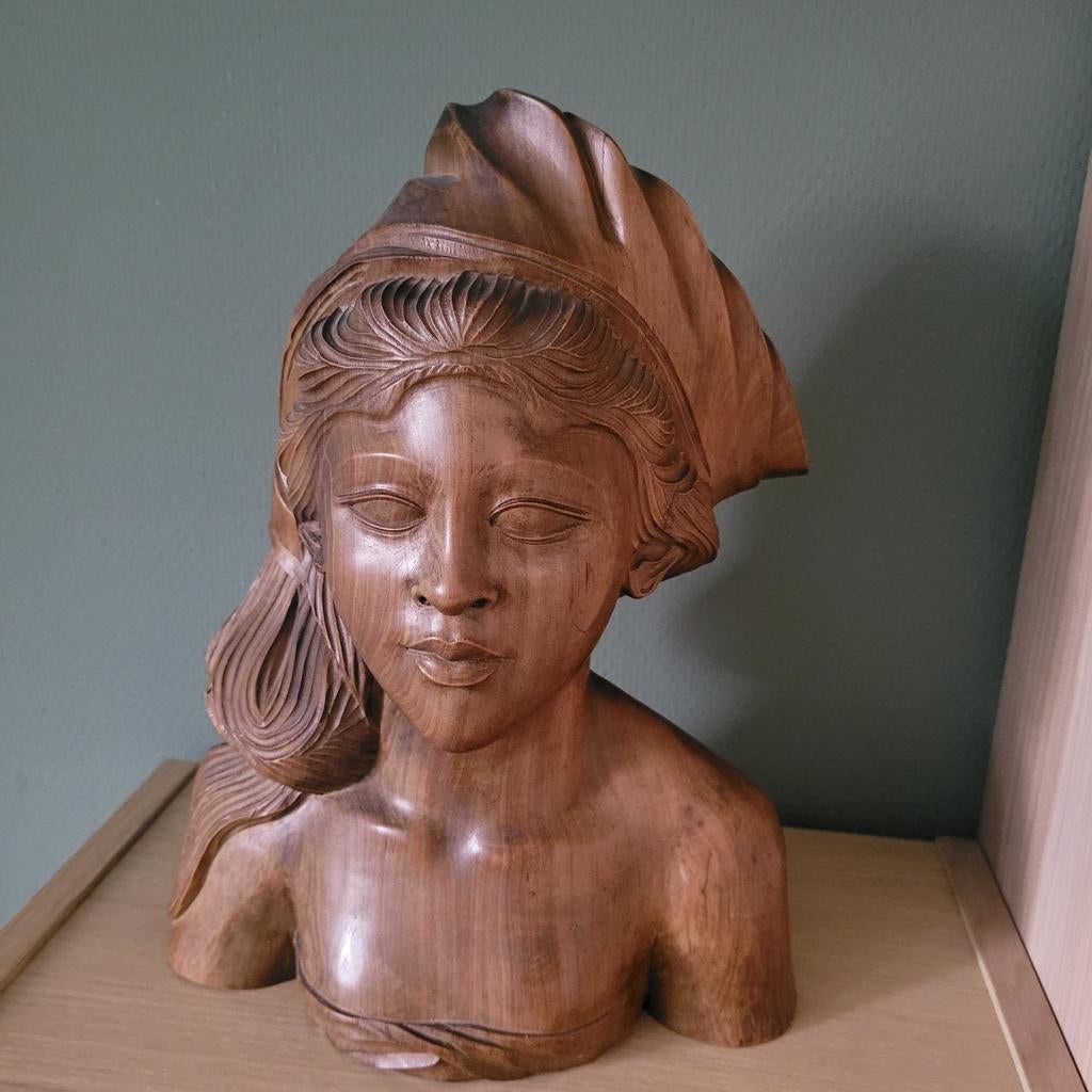 Houten Buste van Vrouw met Hoofddoek (Balinese), Antiek en Kunst, Ophalen of Verzenden