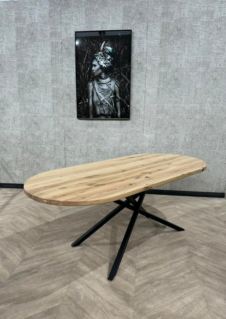 Rond ovaal eiken eettafel matte lak 200x90 *showroom, Firma Hout en staal, 200 cm of meer, Zo goed als nieuw, Vijf personen of meer