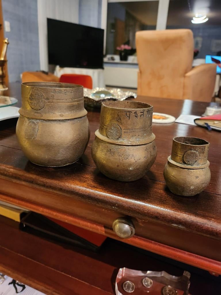 Set van 3 antieke bronzen potten, Ophalen of Verzenden, Brons