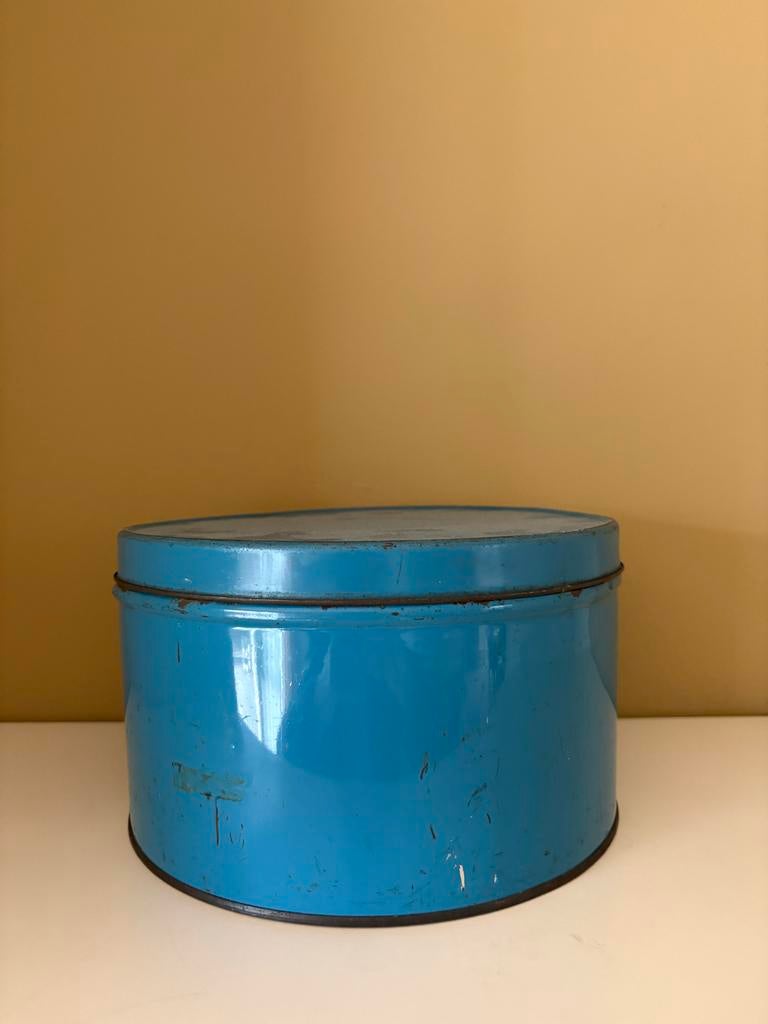 Vintage blauwe blikken trommel, Ophalen of Verzenden, Gebruikt, Metaal, Minder dan 50 cm