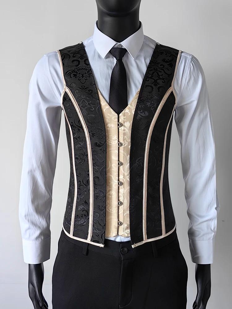 Heren zwart beige middeleeuws korset steampunk gothic, Verzenden, Nieuw, Overige maten, Kleding