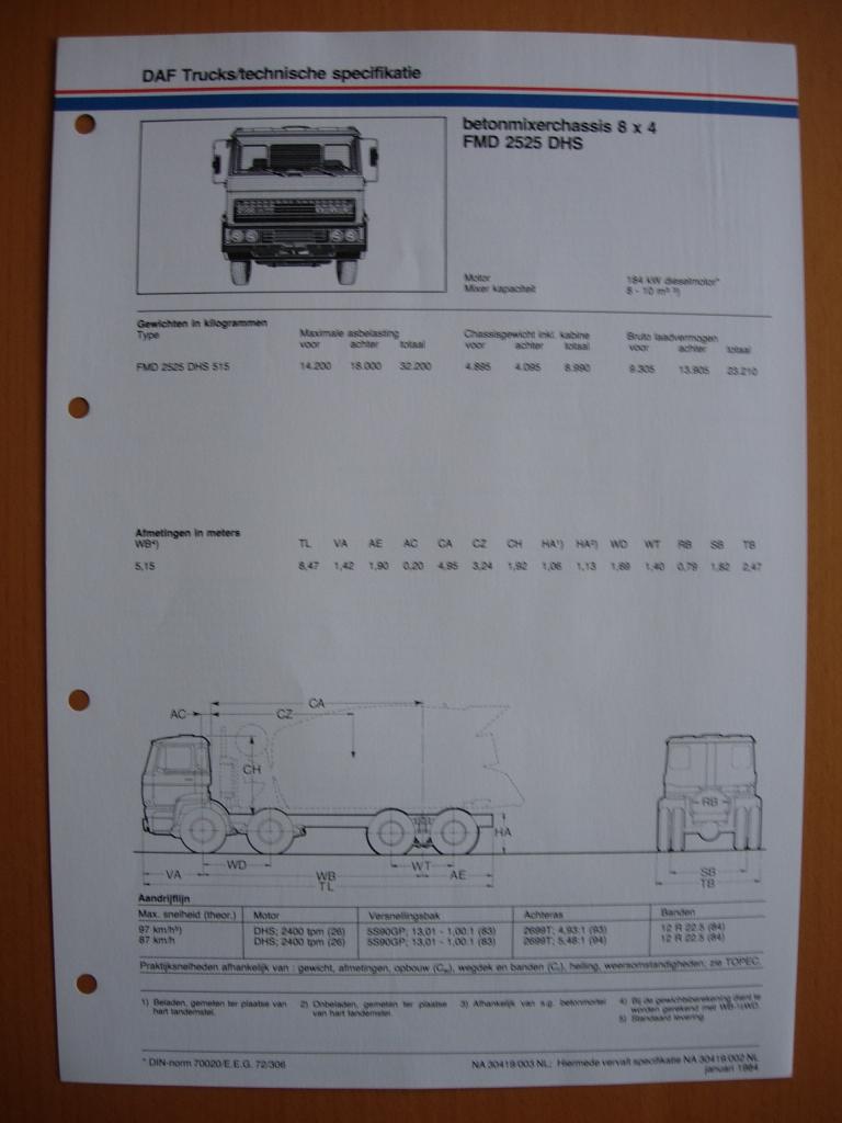 DAF FMD 2500 DHS Technische Specificatie Folder 1984 – 8x4, Ophalen of Verzenden, Zo goed als nieuw, Overige merken, DAF
