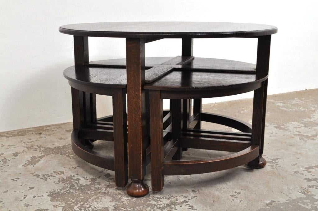 Antieke eiken salontafel 2-in-1 tafel 1920s UNIEK ITEM, Gebruikt, 50 tot 100 cm, Rond, 50 tot 100 cm