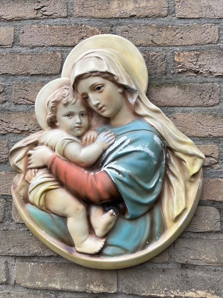 Unieke Wandplaquette Maria met Jezus datering 1880-1920, Antiek en Kunst, Ophalen