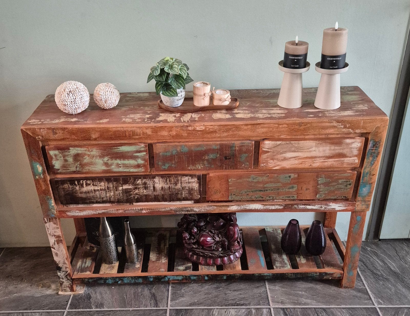 2x vidaXL Dressoir 120x30x75 cm massief gerecycled hout, Ophalen, 100 tot 150 cm, Zo goed als nieuw, Met lade(s)