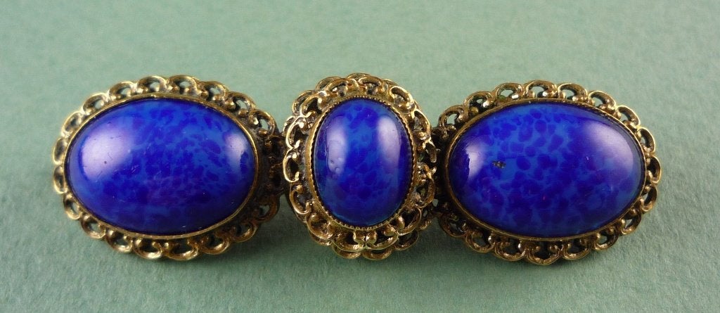 antieke broche met drie blauwe stenen, 50x15mm Lapis Lazuli, Overige materialen, 4 tot 7 cm, Gebruikt, Met edelsteen