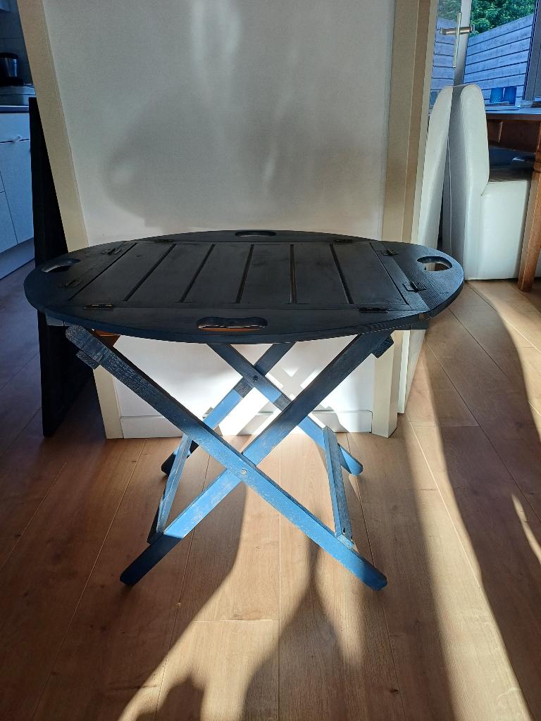 Blauw houten bijzettafeltje, Minder dan 55 cm, Rond, Zo goed als nieuw, Brocant
