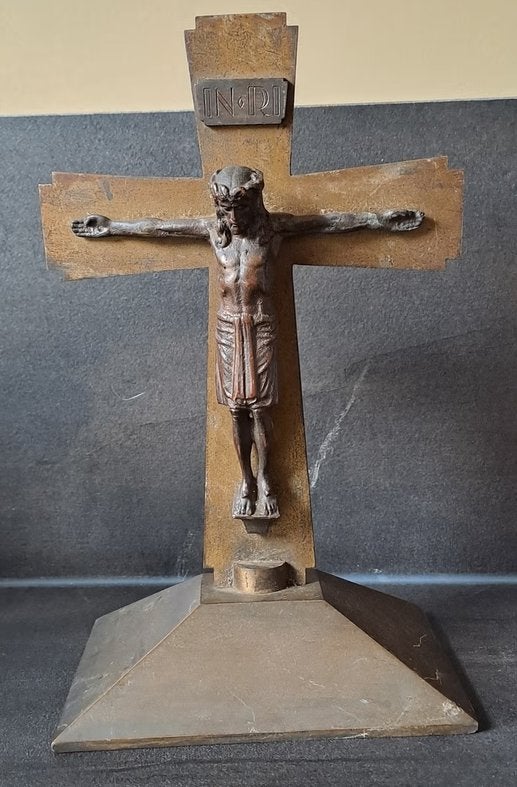 Antiek bronzen crucifix met Christusbeeld. Jezus, Ophalen of Verzenden, Metaal, Beeld, 20 - 50 cm
