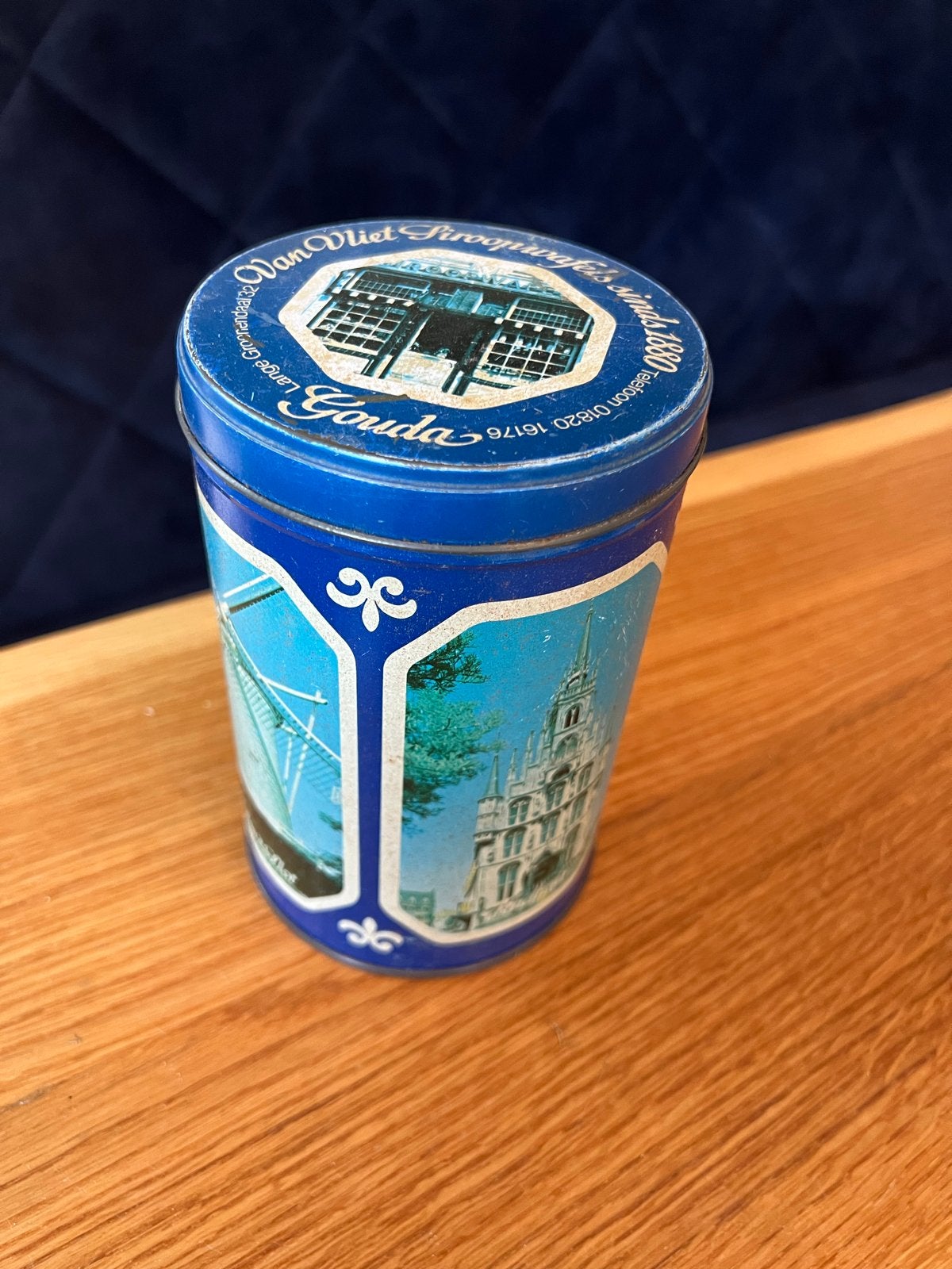 Vintage blikken trommel Gouda Van Vliet stroopwafels, Ophalen of Verzenden