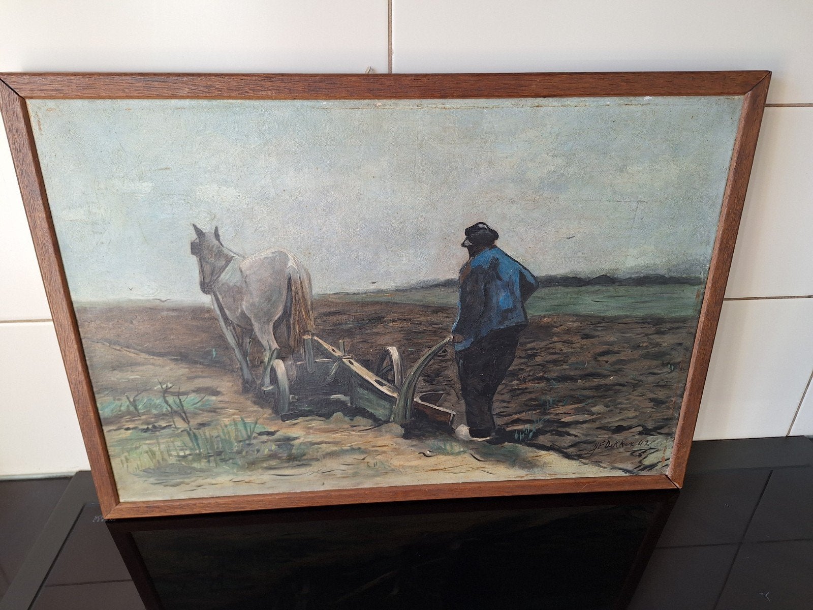 Haagse School schilderij J.F. Dekker - Ploegende boer, Nederlandse school, Doek, Ophalen of Verzenden, Landschap