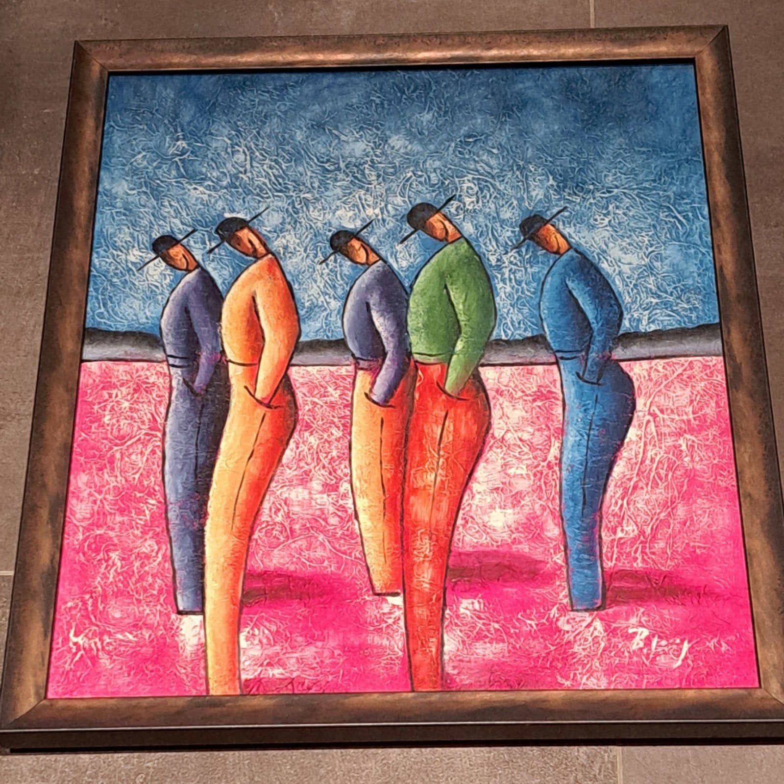 Prachtig Kleurrijk Schilderij "Five Standing Men", Ophalen, Ingelijst