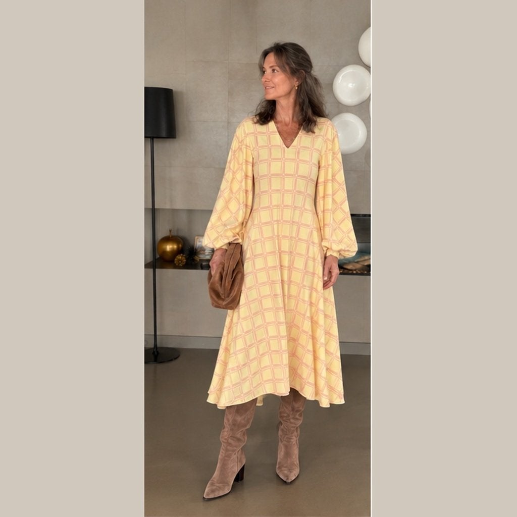 Stine Goya Rosen Grid A-line jurk geel/roze XS, valt als S/M, Maat 38/40 (M), Stine goya, Ophalen of Verzenden, Zo goed als nieuw