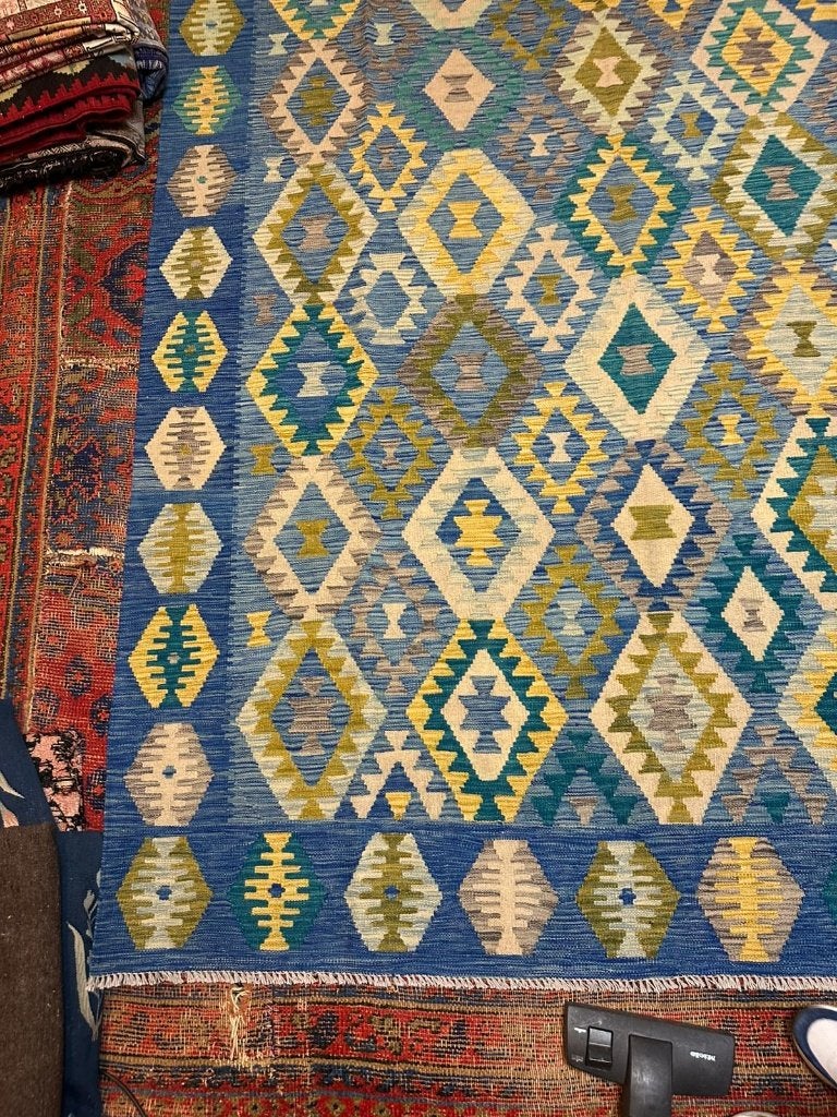 Prachtige handgeweven Kelim – 301x213 cm– geometrisch design, Geel, Wol, 200 cm of meer, Ophalen of Verzenden